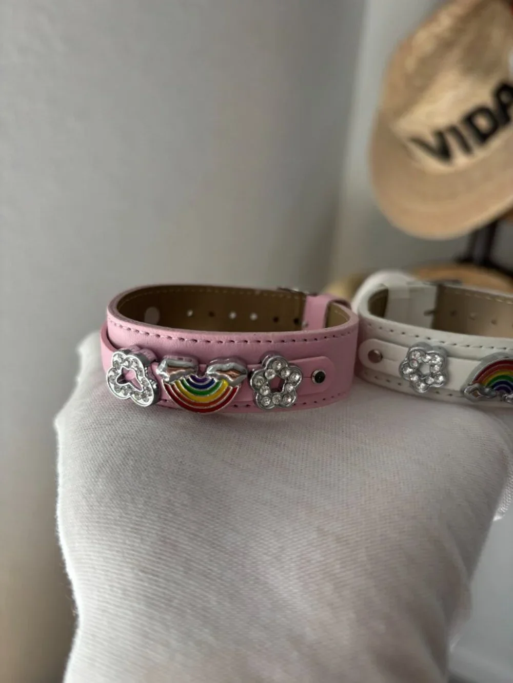 NWT Set of 2 Fun Pink & White Rainbow Rhinestone Leather Bracelets 🌈✨